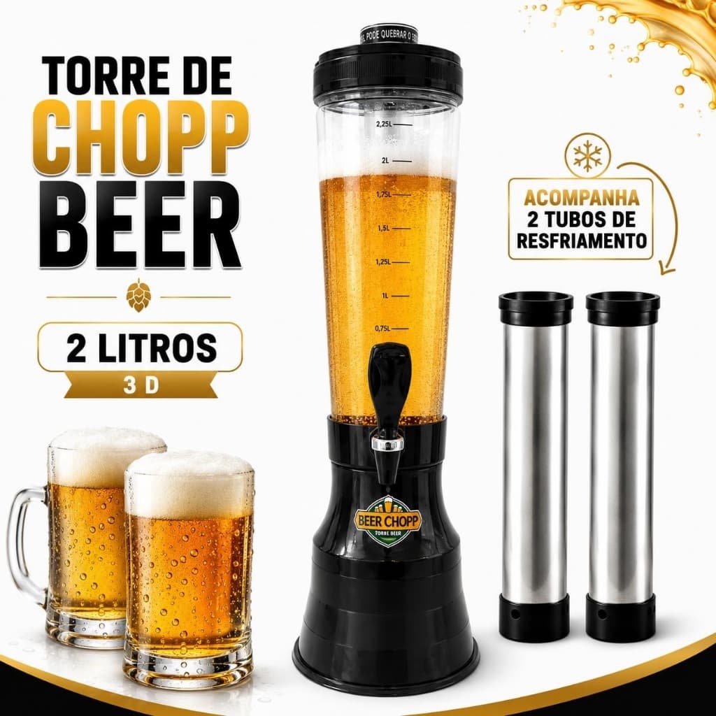 Torre de Chopp 3D Chopeira Beer 2 Litros com 2 Tubos Gelantes Base Giratoria 360°