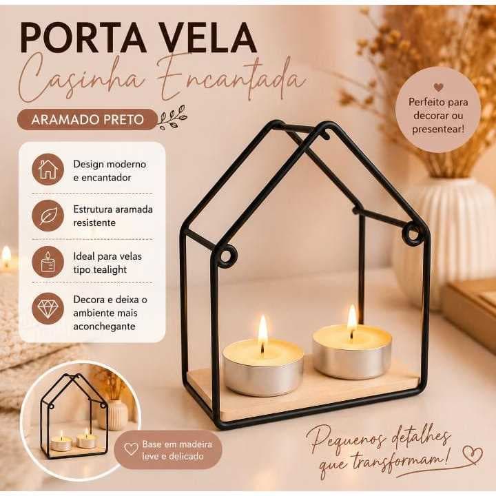 Porta Vela Casinha Encantada Aramado Preto Decorativo Casa Escritório Decoração Minimalista Durabilidade e Qualidade