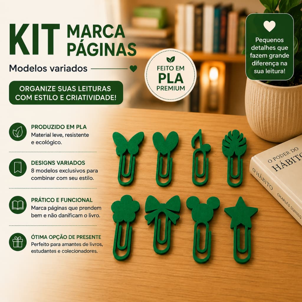 Kit marca páginas em impressão 3D modelos variados marcadores de livro criativos