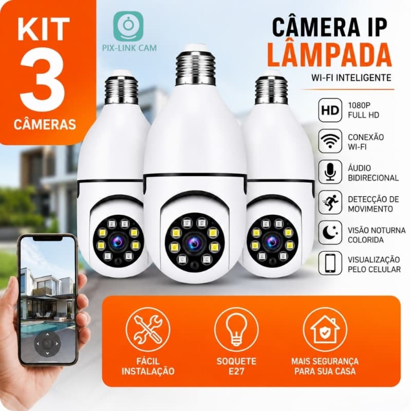 Kit Câmera Lâmpada PIX-LINK CAM WiFi 360° Visão Noturna Monitoramento 24h Detecção Movimento 8177