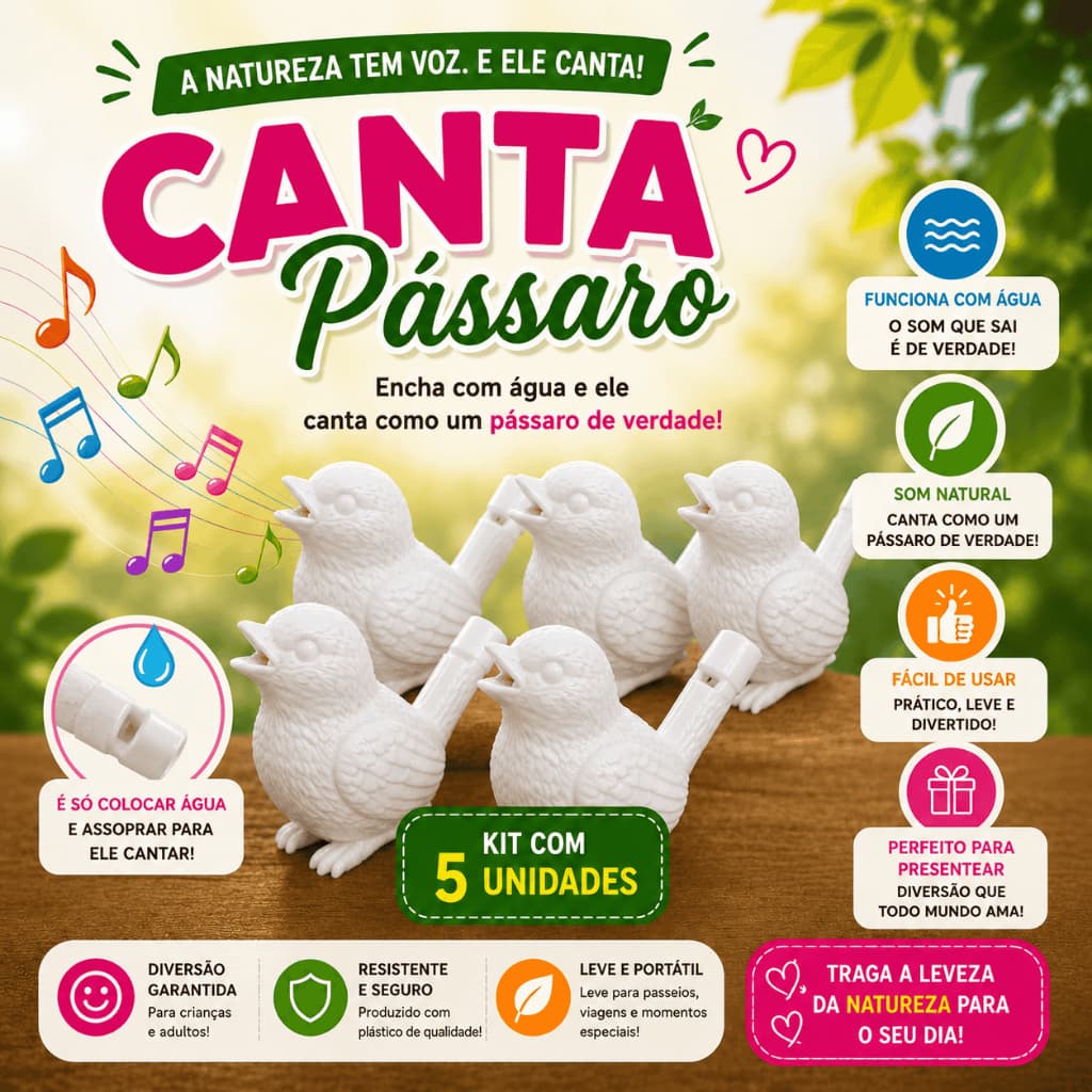 Kit 5 Chaveiros Apito Passarinho com Som Realista | Apito com Água