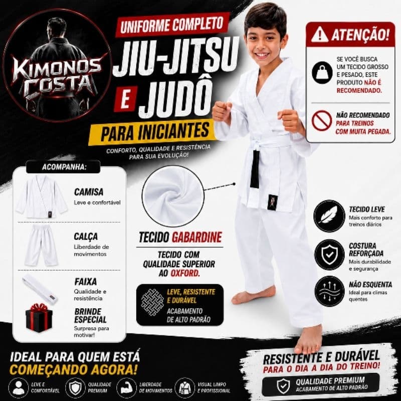 Kimono Jiu Jitsu e Judô Infantil Completo + Faixa Tecido Leve Iniciante Artes Marciais
