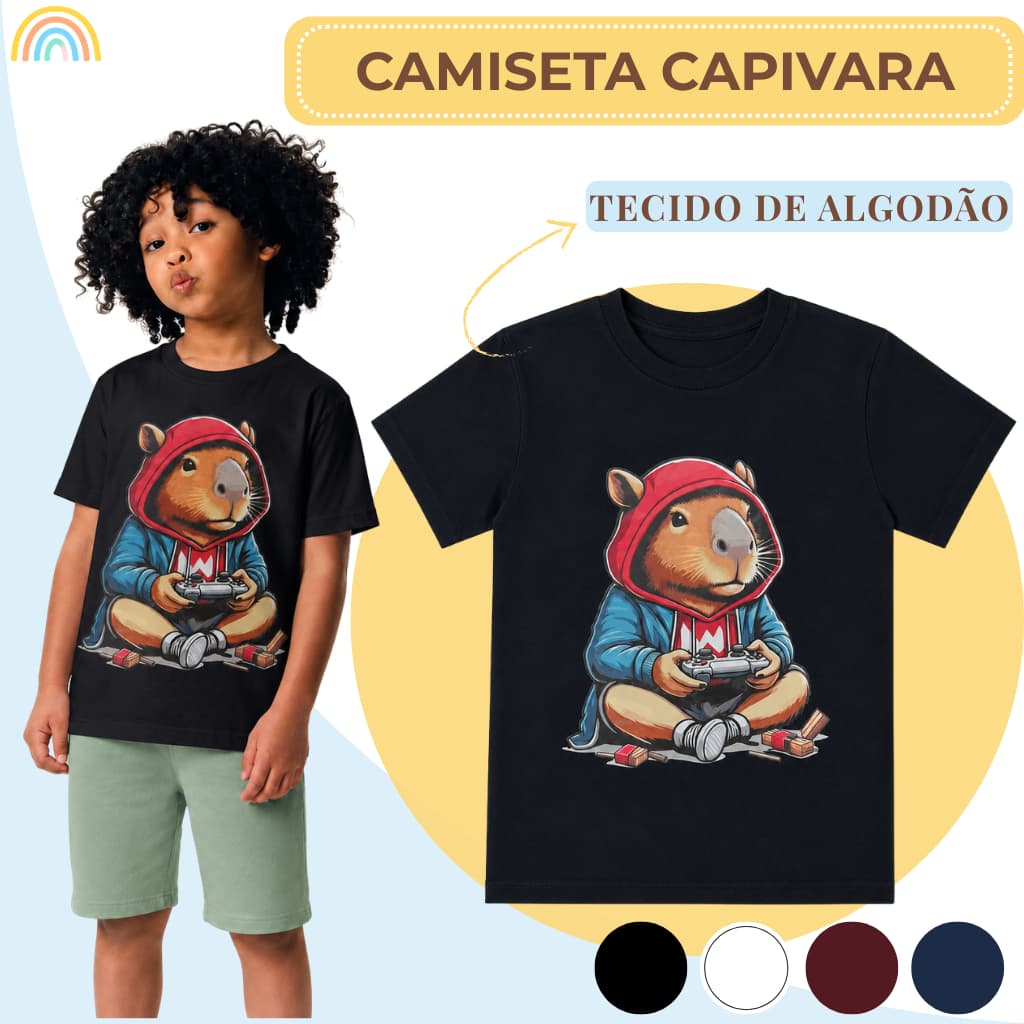Camiseta Infantil/Juvenil Menino Capivara Boy Camisa Masculina 4 Cores Algodão Tamanho 2 ao 16