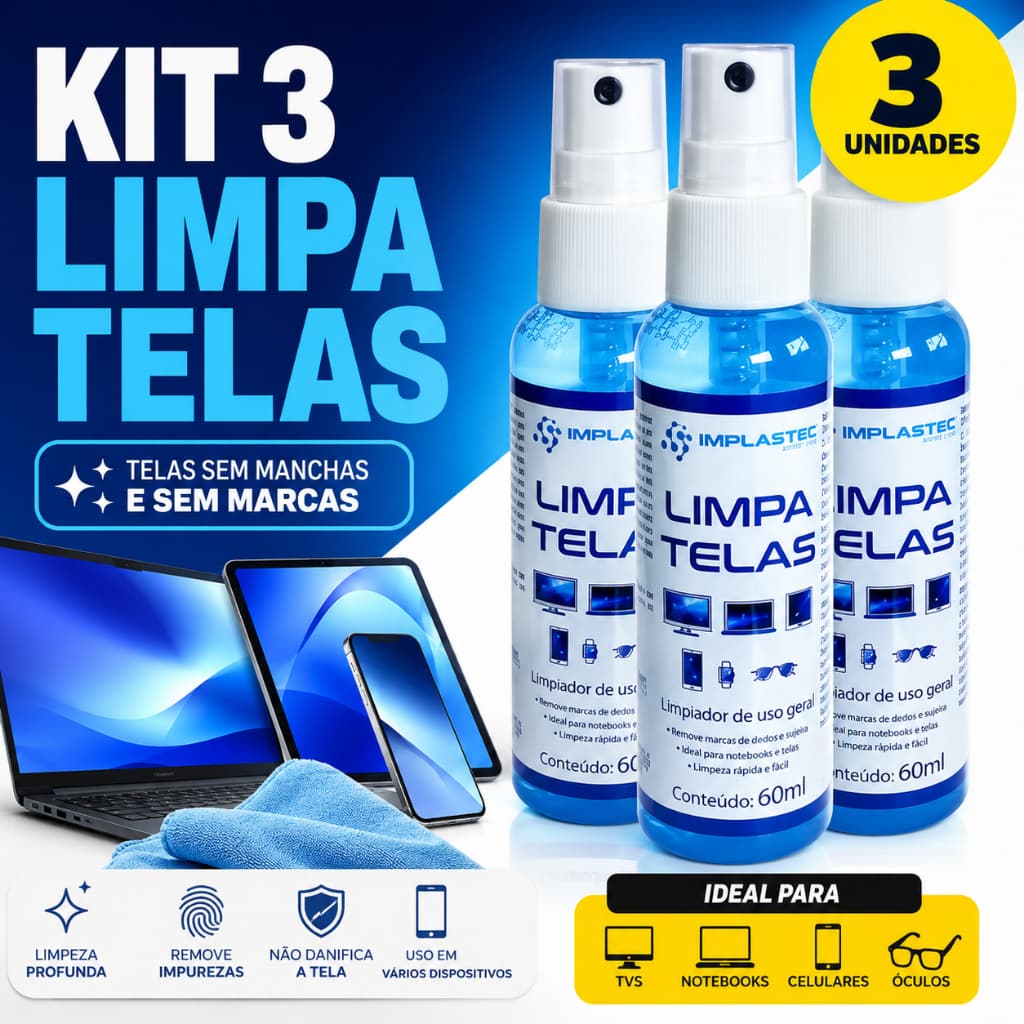 Limpa Telas Implastec 60ml Kit com 3 para Celular Notebook TV Monitor Tablet e Óculos