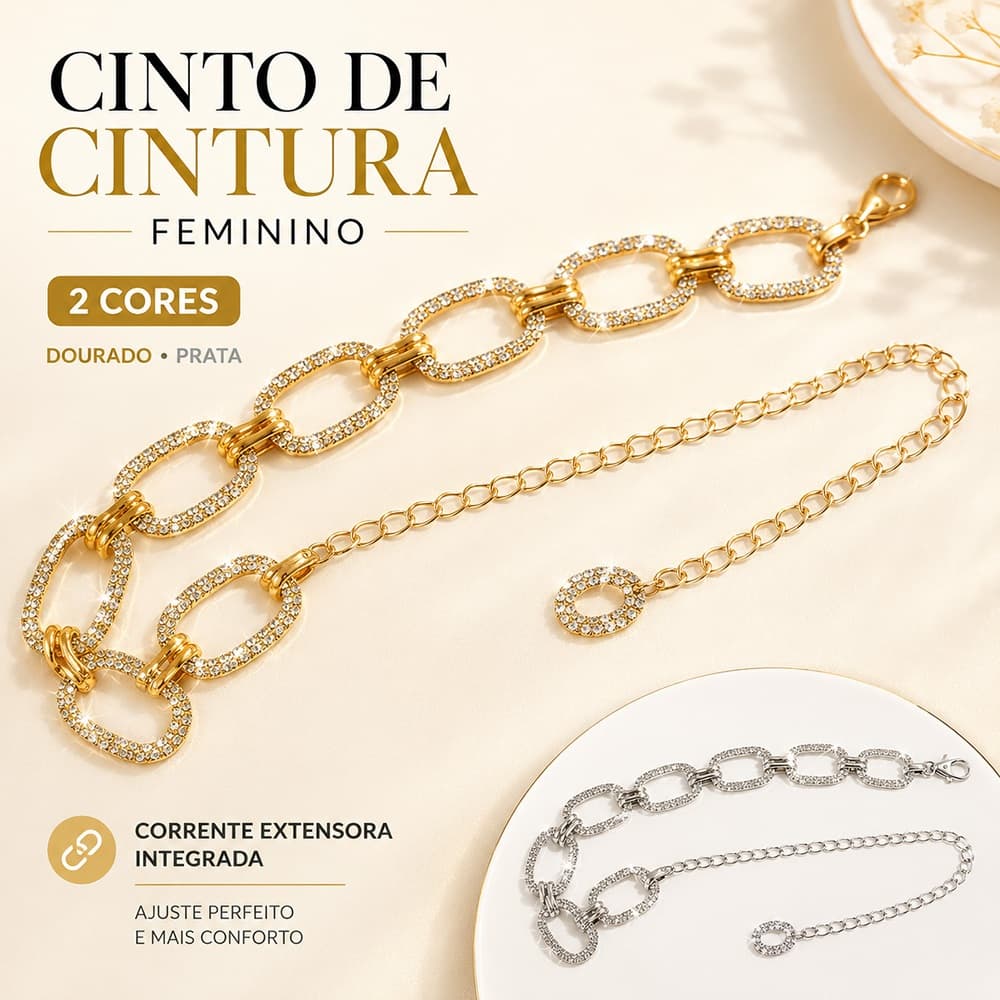 Cinto de Cintura Feminino com Strass Brilhante Corrente Dourada Ajustável Elegante para Vestido Festa e Looks Sofisticad