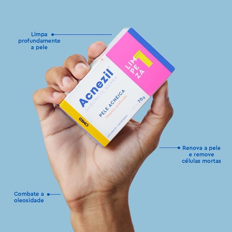 Limpeza Profunda, Controle Oleosidade, Renovação: Sabonete Barra Acnezil 70g