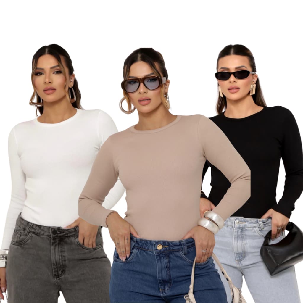 Kit 3 Blusas Femininas Básicas Manga Longa Algodão Ribana Premium Gola Redonda