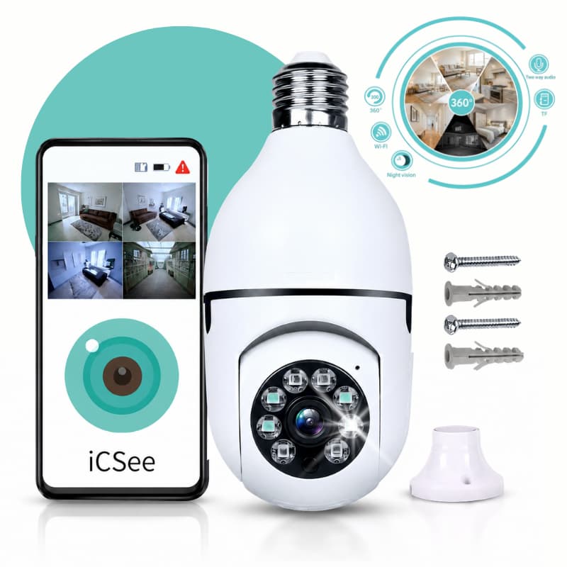 Câmera Lampada Espiã Wifi Giratória 360° Com Visão Noturna Hd Icsee 8177 Interna Externa