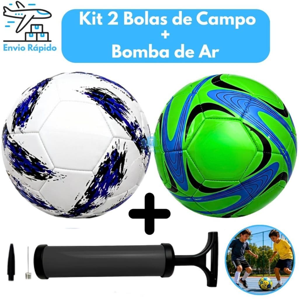 Kit 2 Bolas de Futebol Campo Oficial Nº 5 + Bomba de Ar Manual Alta Qualidade, Resistentes Ideal para Jogos, Treinos
