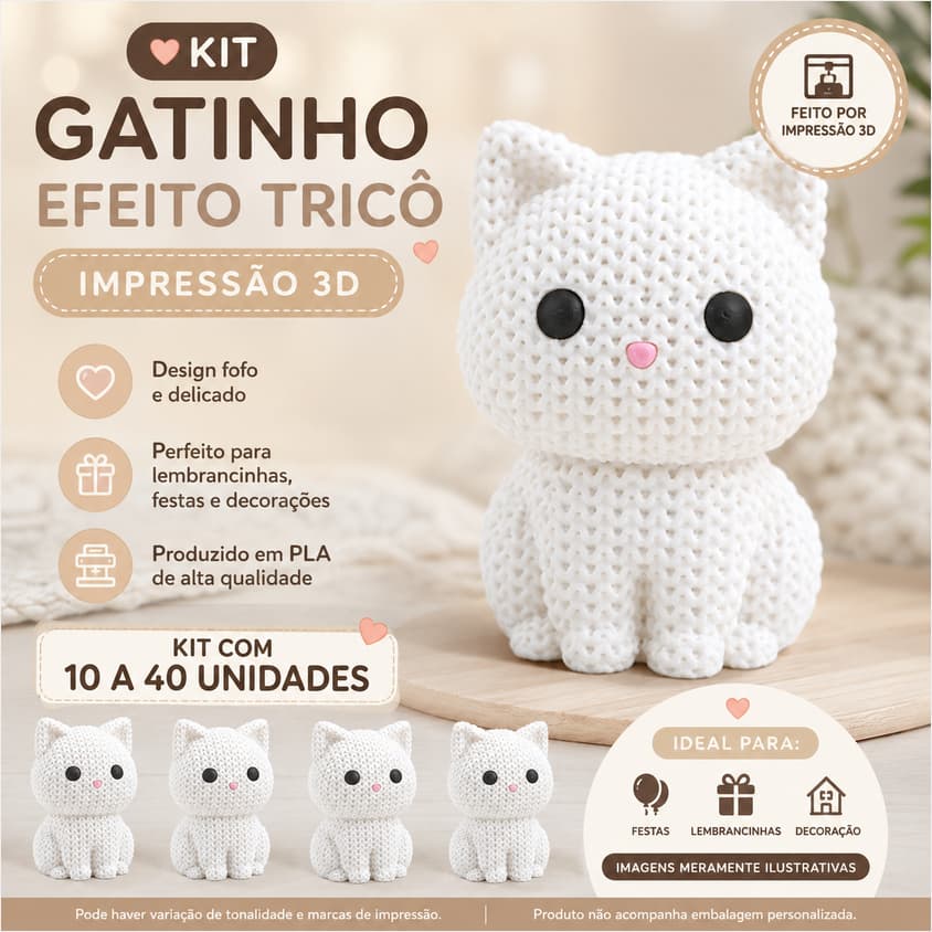 Kit 10 a 40 Mini Gatinhos Decorativos Efeito Tricô Impressão 3D | Colecionáveis | Miniaturas | Brinquedos | Lembrancinha