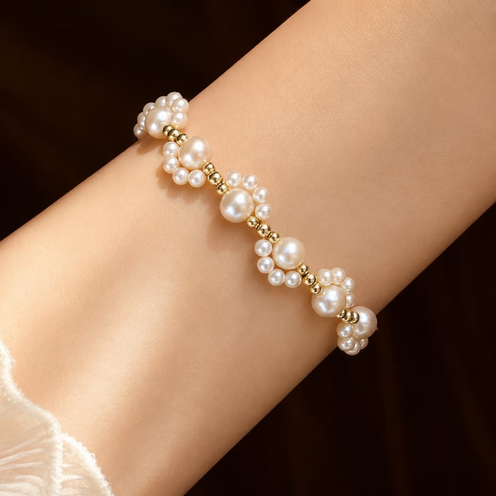 Pulseira Feminina de Pérolas Elegante Banhada a Ouro Delicada Ajustável Festa Casamento Presente