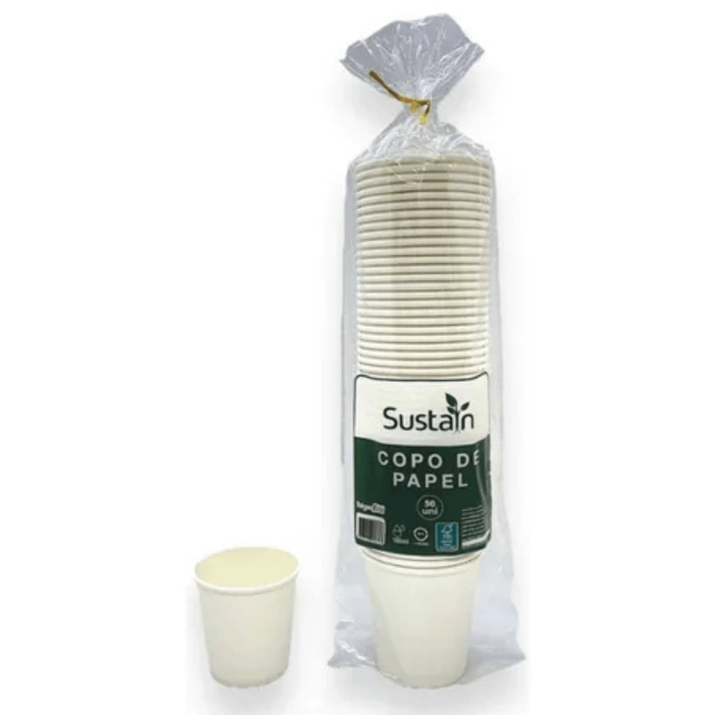 Copo Papel Descartável Biodegradável Sustain 50un - Kit 2 Pacotes (100un) Ecológico para Consultório Clínica Eventos