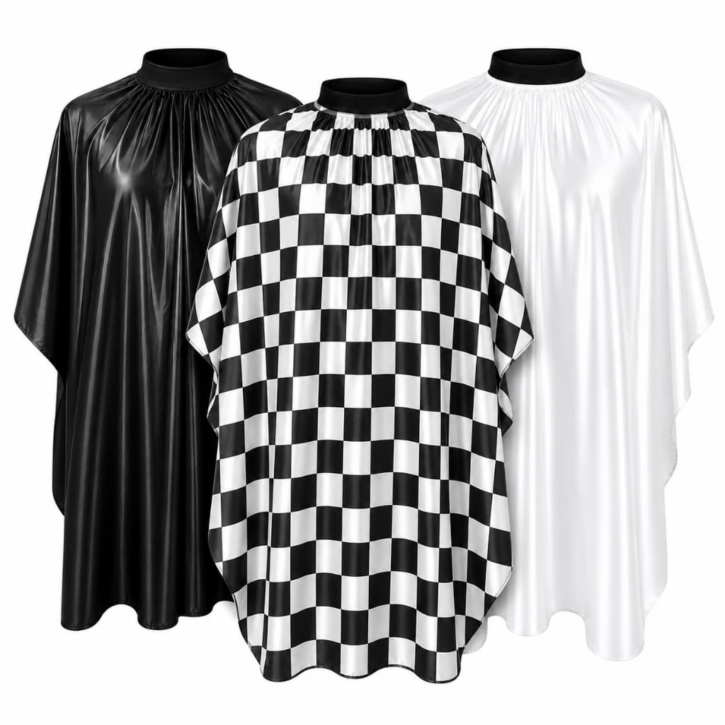 Kit 3 Capas para Barbeiro Cetim Premium Corte de Cabelo 145x120cm com Zíper Preta Branca e Quadriculada