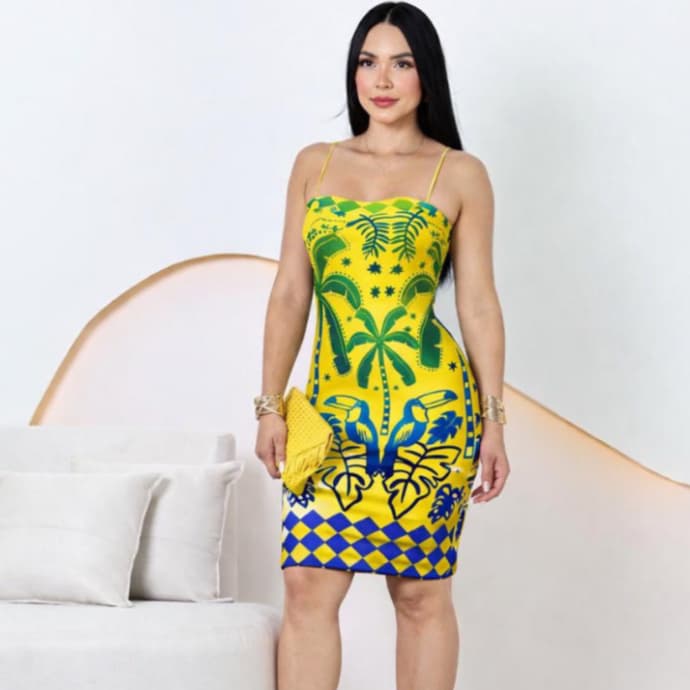 Vestido Longo Feminino Estampado Tropical Alça Fina Tubinho Justo Elegante Verão Moda Praia Casual