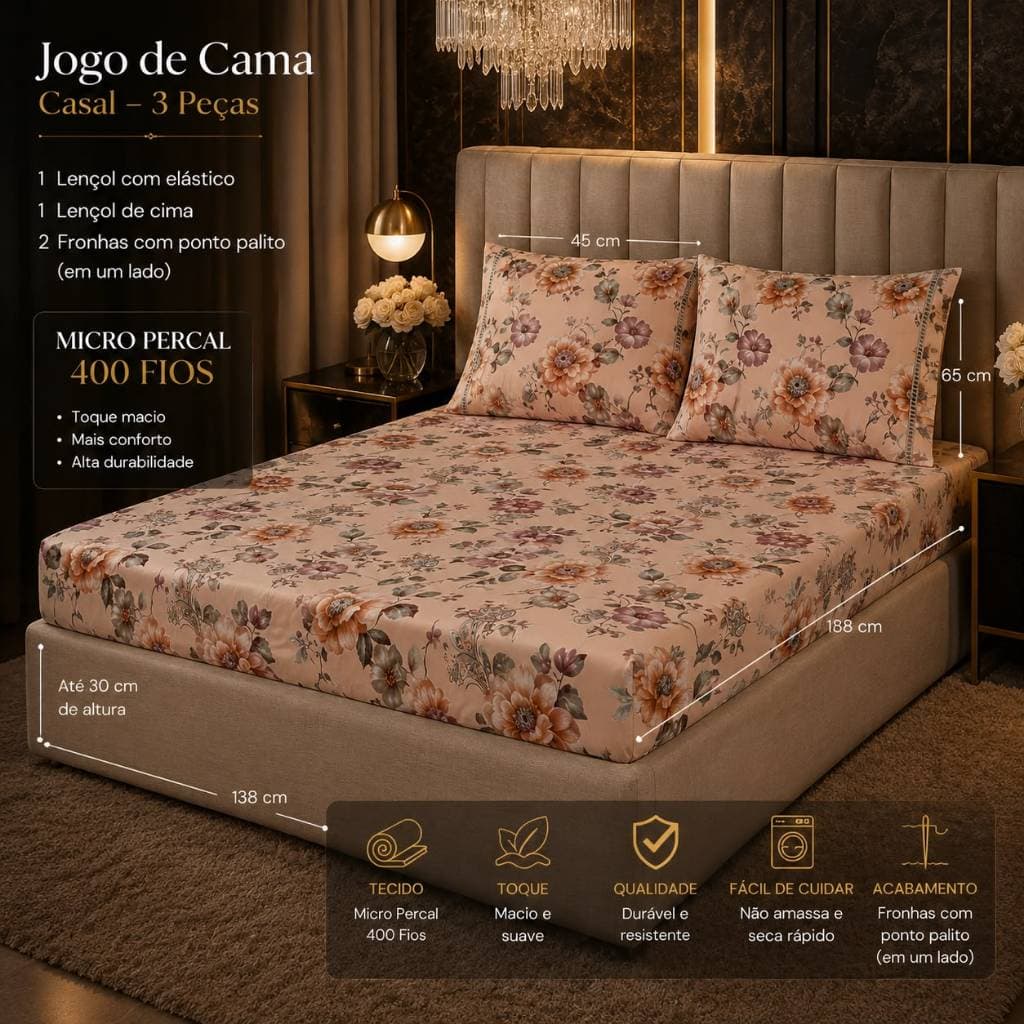 Jogo de Lençol Cama Box Micro Percal 400 Fios | Solteiro Casal Queen | Elástico Toda Volta | 2 e 3 Peças | Toque Macio |