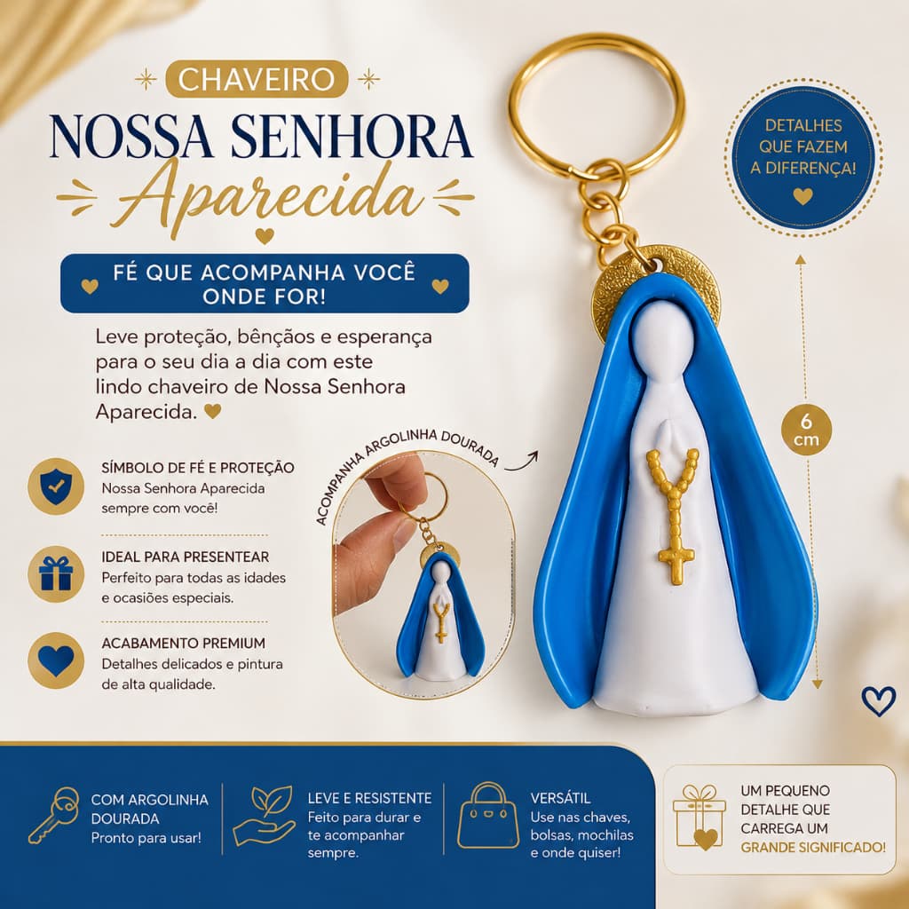 Chaveiro Nossa Senhora Aparecida 6cm Impresso em 3D com Argola Dourada Religioso