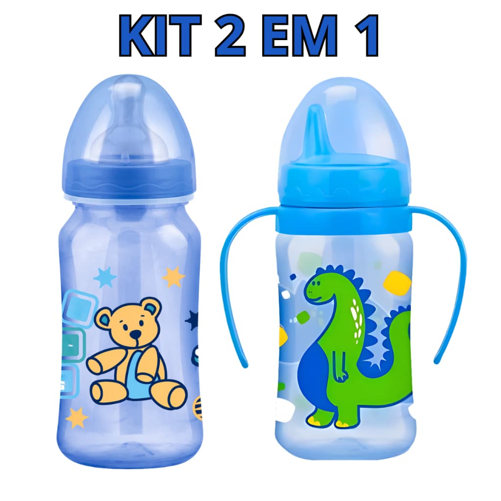 Kit Copo Infantil e Mamadeira para Bebê Copinho de Transição e Treinamento Mamadeiras Azul e Rosa