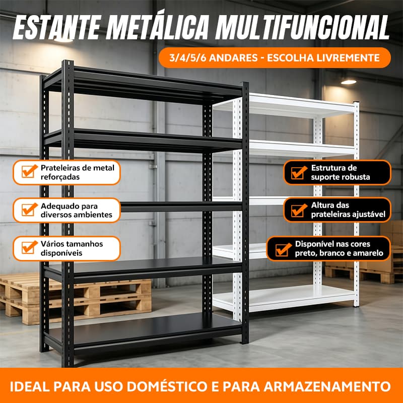 Estante Metálica Multifuncional Prateleiras reforçadas Altura ajustável   3/4/5 andares Preto, branco, amarelo