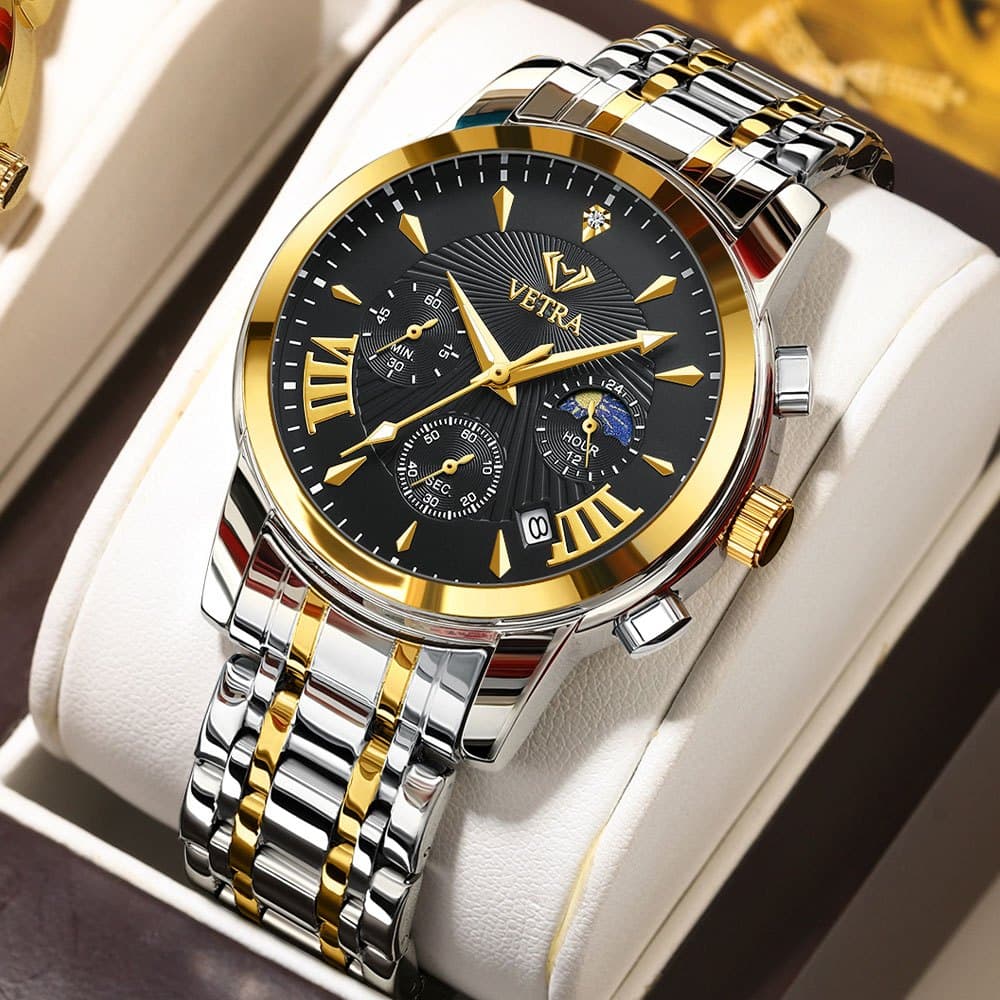 Relógio Masculino Original VETRA a Prova d Água Presente para Homem Aço Inoxidável Dourado 2892