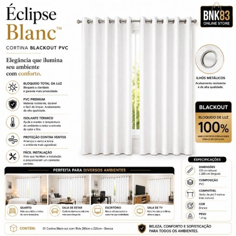 Éclipse Blanc™ Cortina Blackout PVC Branca Corta Luz Isolante Térmica com Ilhós para Sala e Quarto