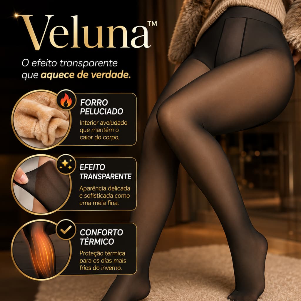 Meia Calça Térmica Feminina Peluciada Efeito Transparente Veluna™ Forrada Aveludada Inverno Preta