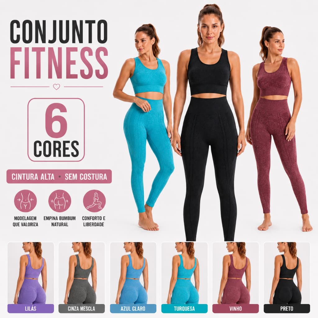 Conjunto Fitness Feminino Sem Costura Top Legging Cintura Alta Push Up Empina Bumbum Academia Yoga 6 Cores