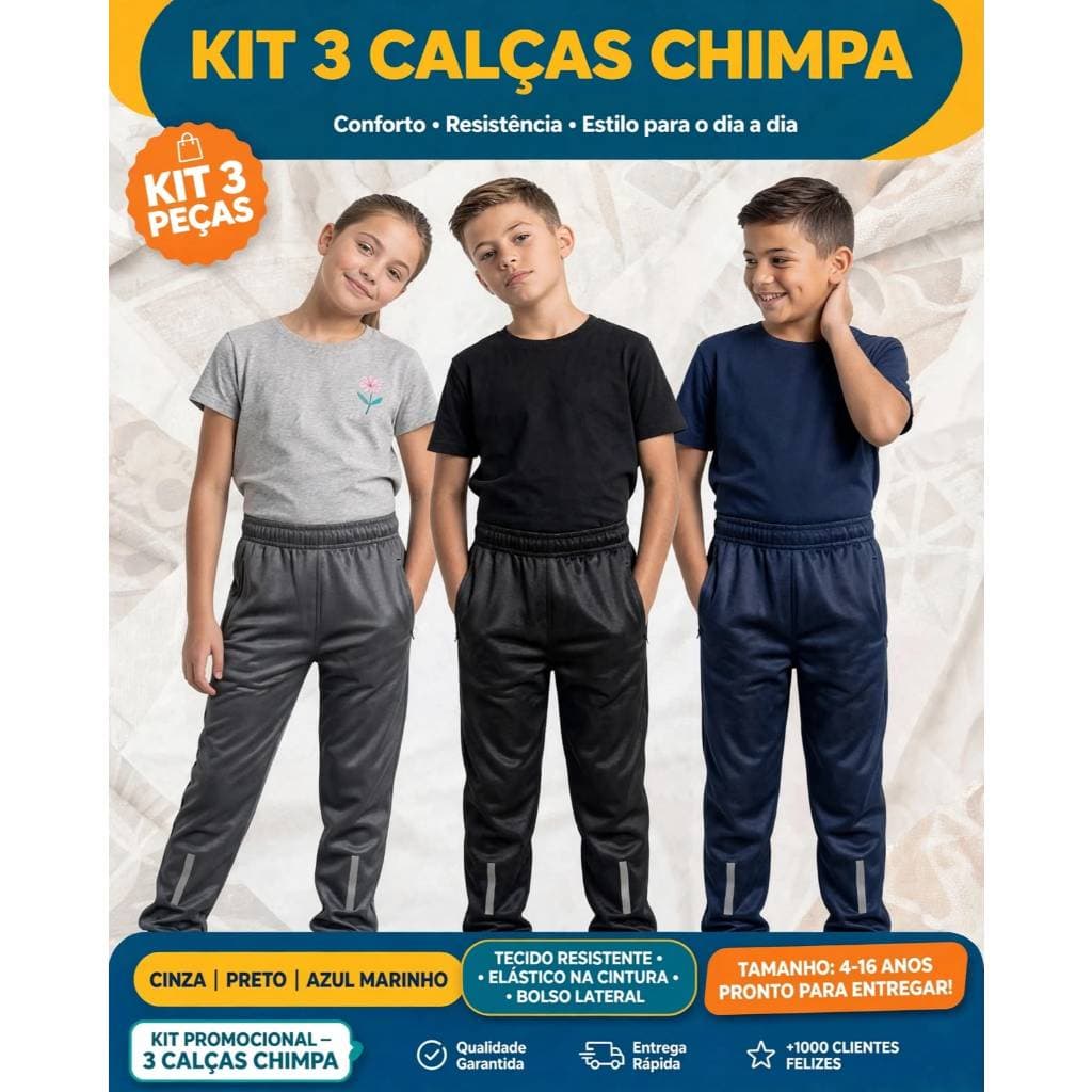 KIT 03 CALÇAS JOGGER  INFANTIL REFLETIVA - Excelente Para Escola e Atividades Esportivas do 4 ao 16