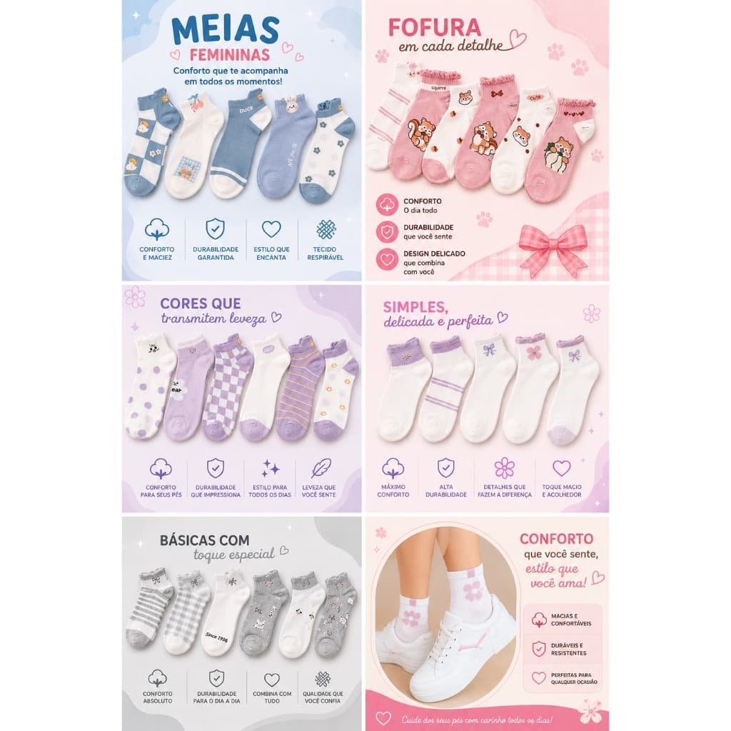 Kits Meias  Soquete Feminina Estampadas \Cores Fofas e Variadas \ Meia confortável.