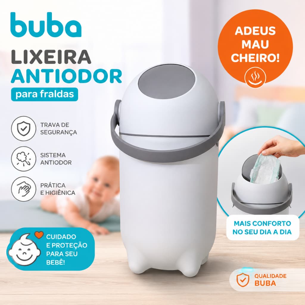 Lixeira Antiodor Buba Para Fraldas Bebê Com Trava de Segurança