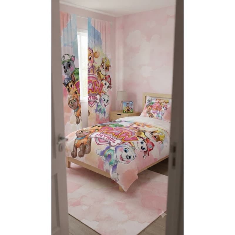 KIT Edredom Fronha e Cortinas Patrulha Canina Solteiro Infantil