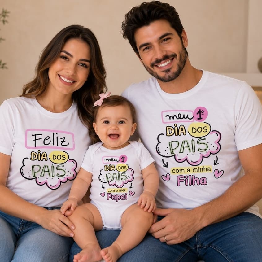 Kit 2 camisetas + body de bebe Dia dos Pais  Meu Primeiro dia dos Pais Mamãe Papai e filha