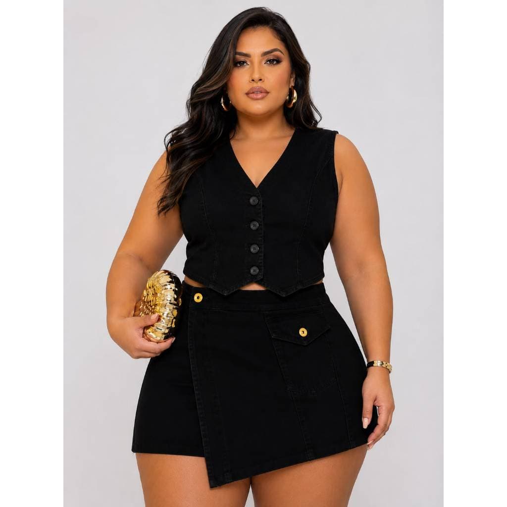 Conjunto Jeans Plus Size Short Saia e Colete Feminino