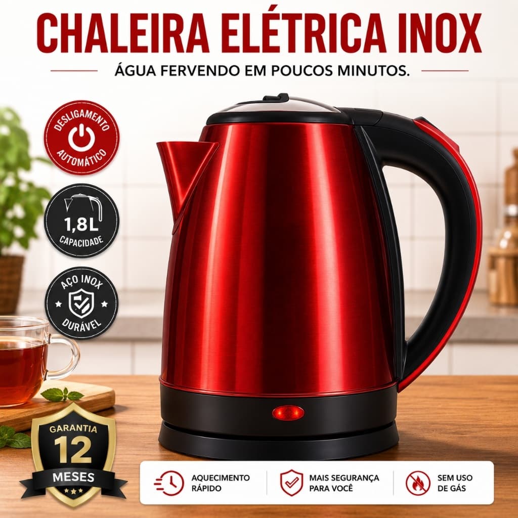 Chaleira Elétrica Inox 1,8L 220V Vermelha 1500W Desligamento Automático Fervura Rápida Café e Chá