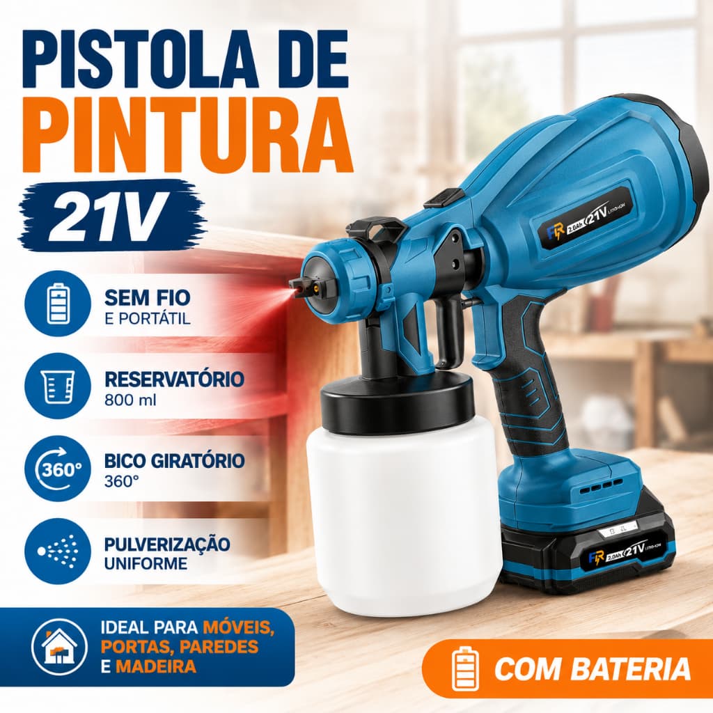 Pistola de Pintura Bateria 21V Sem Fio Pulverizador de Tinta Portátil com Reservatório e Acessórios