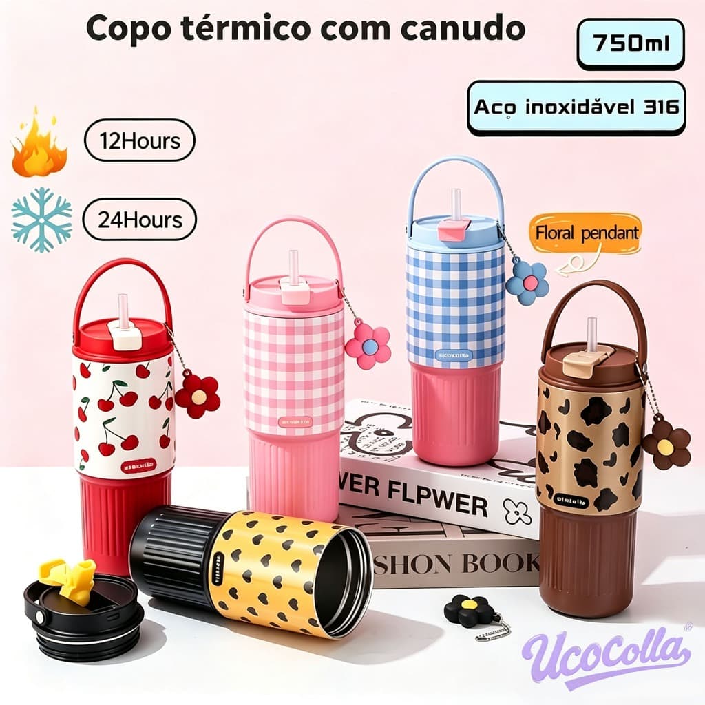UCOCOLLA Garrafa Térmica 750ml Aço Inox Fashion com Canudo Pingente Tampa Antivazamento Anti‑poeira Mantém Quente e Frio