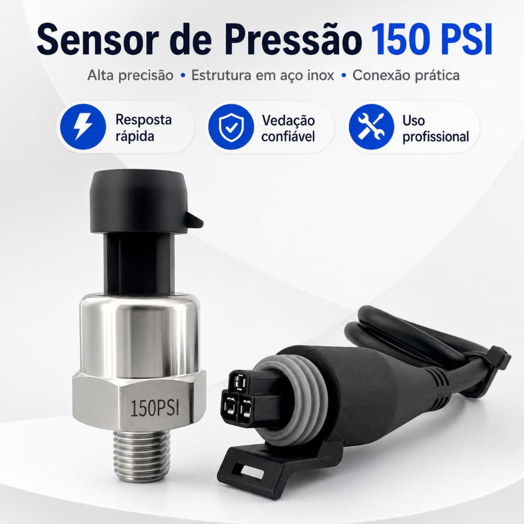 Transdutor de Pressão HeyPlus 0-300PSI – Saída 0.5-4.5VDC, Rosca 1/4 NPT, Alimentação 5VDC para Ar e Água