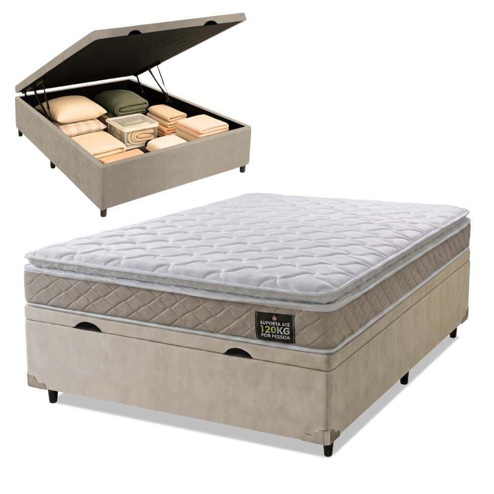 Cama Box Baú Casal Colchão D33 Pillow Top Millenium 138x188x60cm Bege - Suporta até 120kg por Pessoa