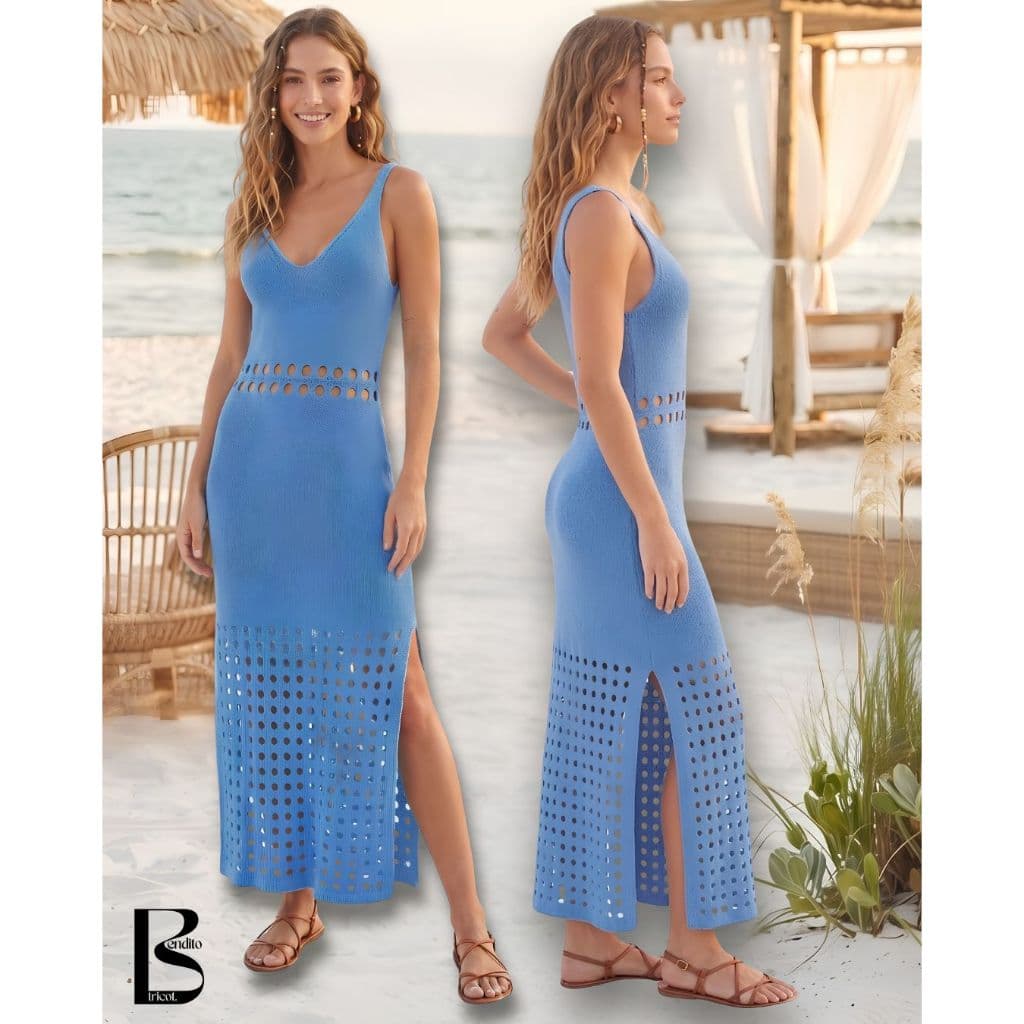 Vestido Feminino Saida de Praia Midi Fenda Lateral Furos Vazado Tricot Moda Praia Elegante Verão