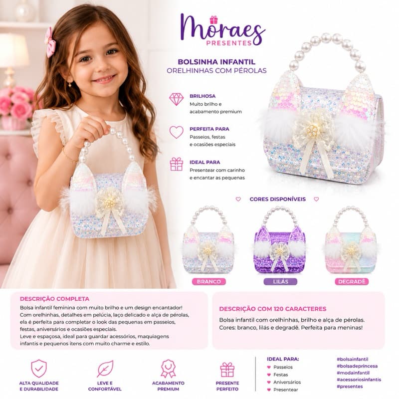 Bolsinha infantil feminina com brilho, alça de pérolas e orelhinhas. Cores: branco, lilás e degradê.