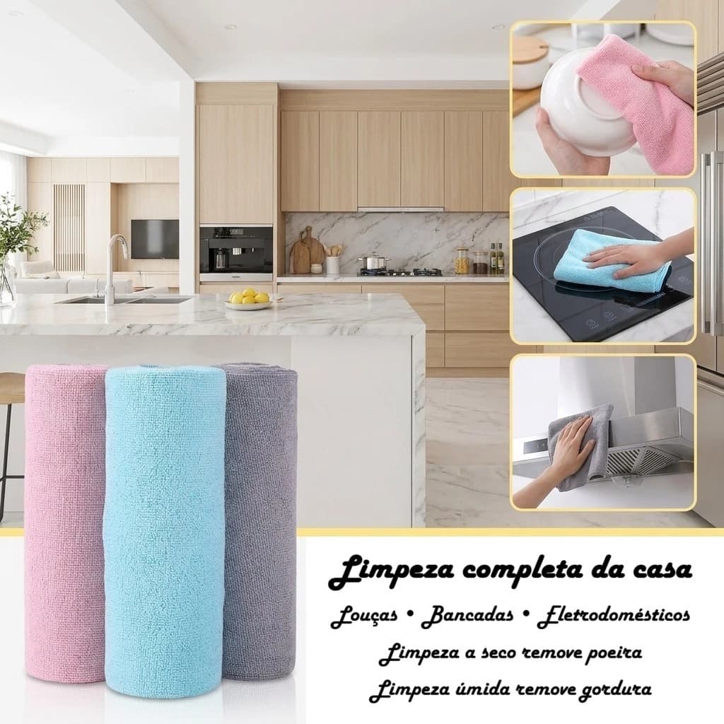 Rolo de Pano de Limpeza em Microfibra 25x25 cm 50 Folhas, Lavável, Reutilizável Toalha de Cozinha Destacável, Vários