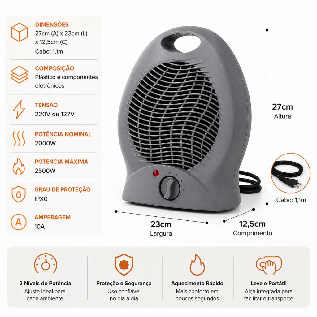 Aquecedor de Ar Elétrico Para Ambientes 2000W Startools Aquecimento Rápido