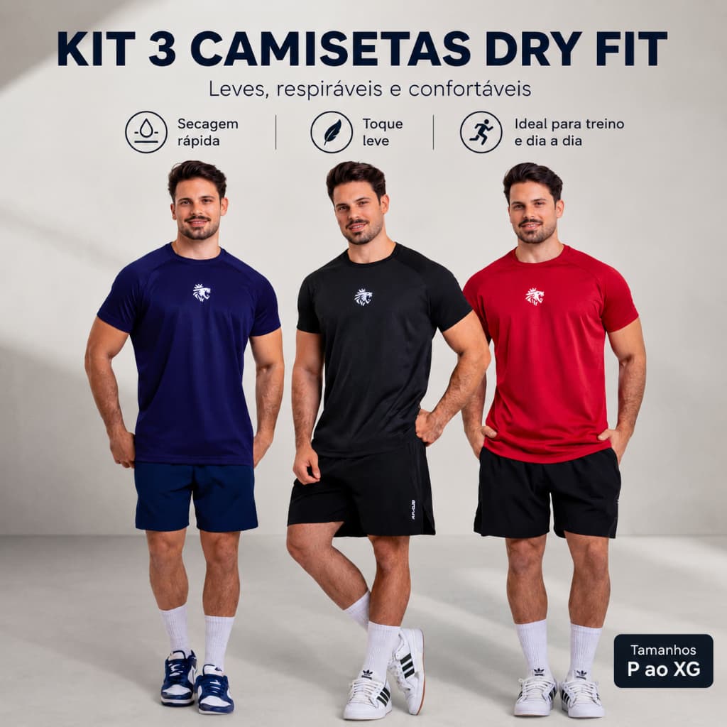 Kit 3 Camisas Dry Fit Tecido Leve Musculação e Esportes Masculino
