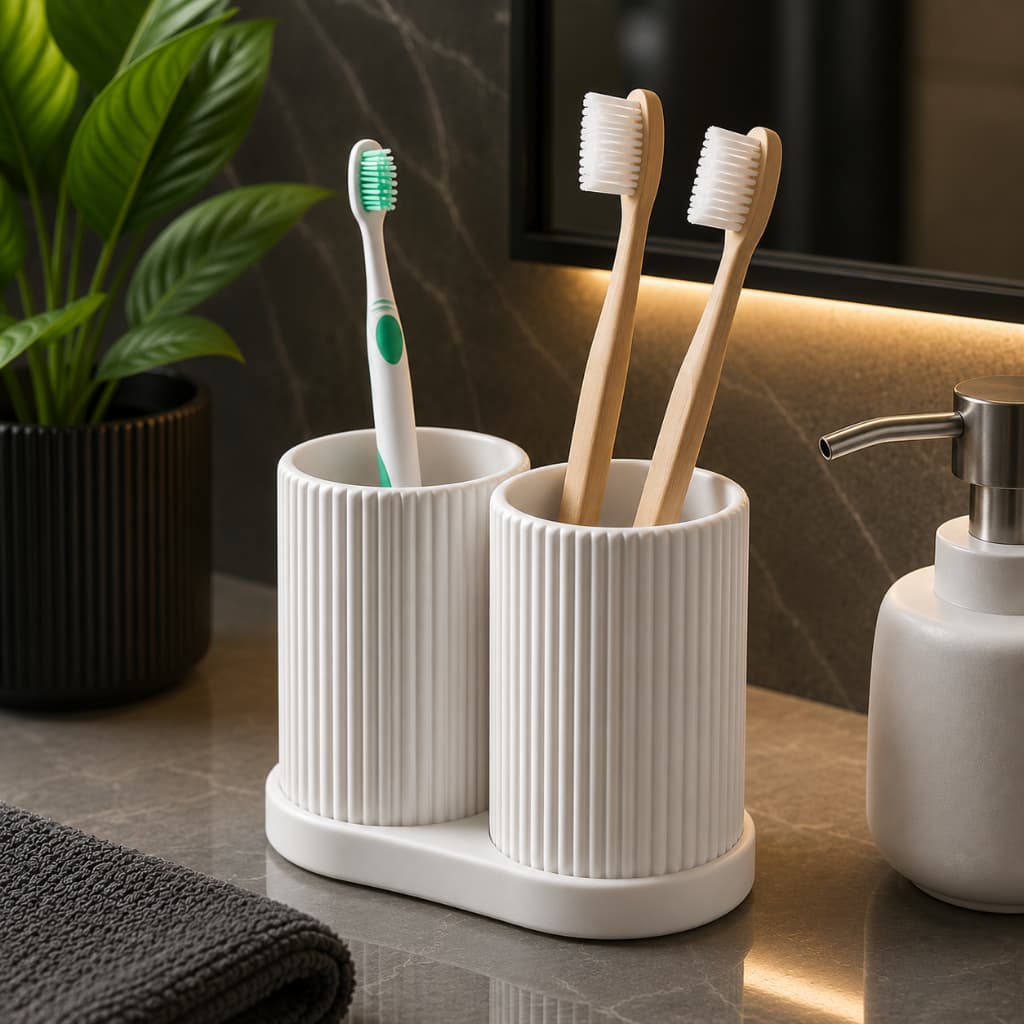 Porta Escova de Dente e Pasta Organizador Canelado no Kit ou individual para Banheiro Bancada Preto e Branco