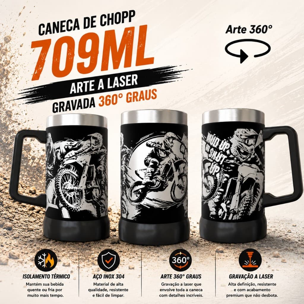 CANECA TÉRMICA 709ML COPO 473ML TÉRMICO ARTE 360º GRAUS COPO INTEIRO TEMA: MOTOCROSS NOVIDADE COM ABRIDOR PAREDE DUPLA