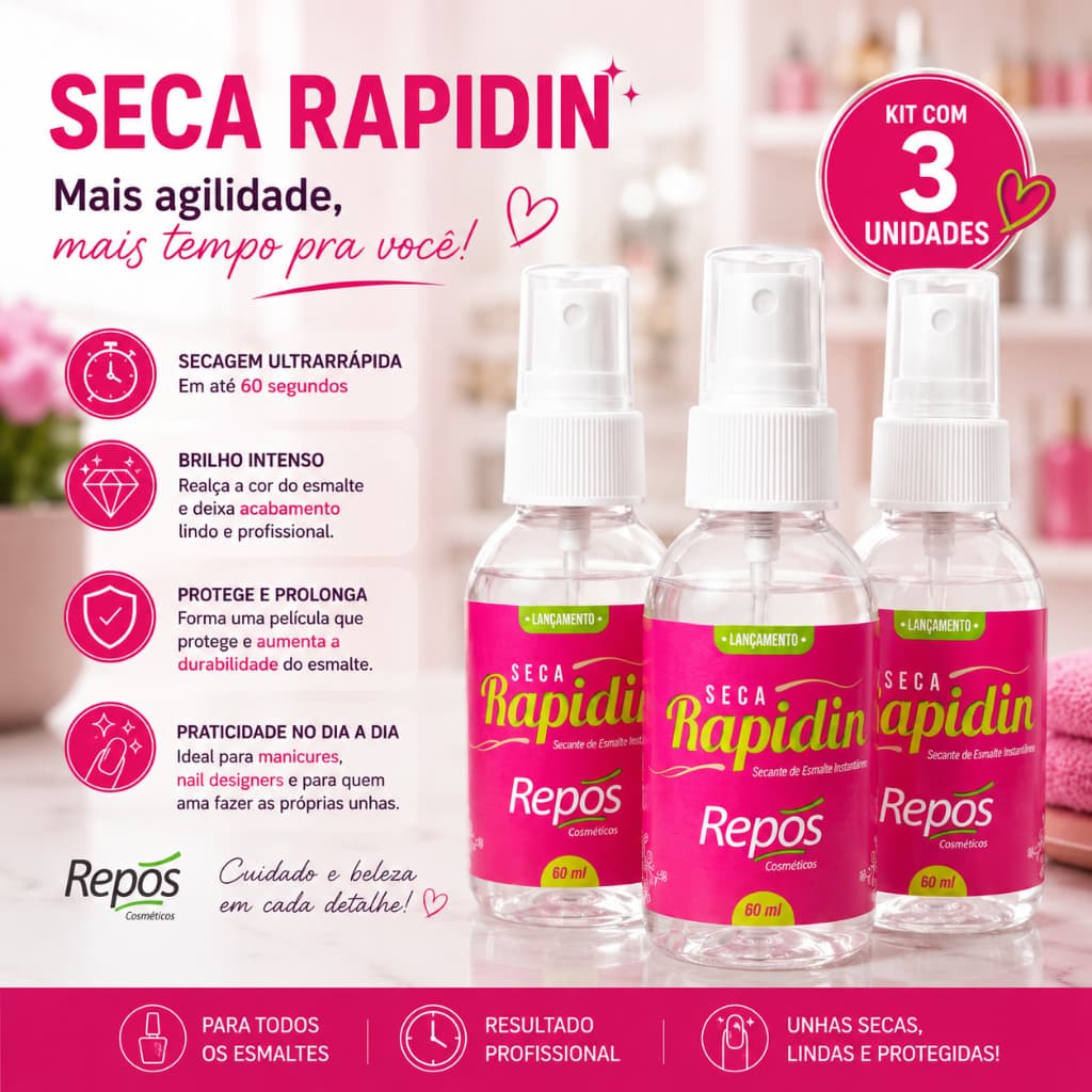 Kit 03 Spray Secante de Esmalte Instantâneo Repós 60ml Seca Rapidin Brilho Intenso Secagem Rápida em até 60 segundos