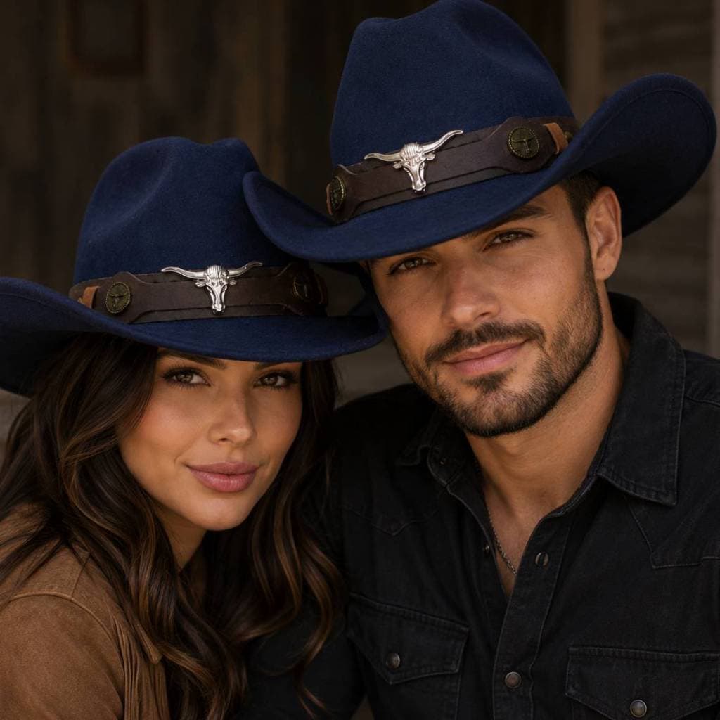 Chapéu Cowboy Vaqueiro em Feltro Ocidental Clássico Unissex Aba Larga Conforto e Estilo Country - Azul Marinho