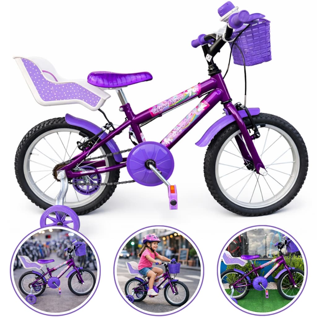Bicicleta Infantil Gy Bike Aro 16 Colorida com Cestinha, Rodinhas laterais e Bagageiro para Boneca