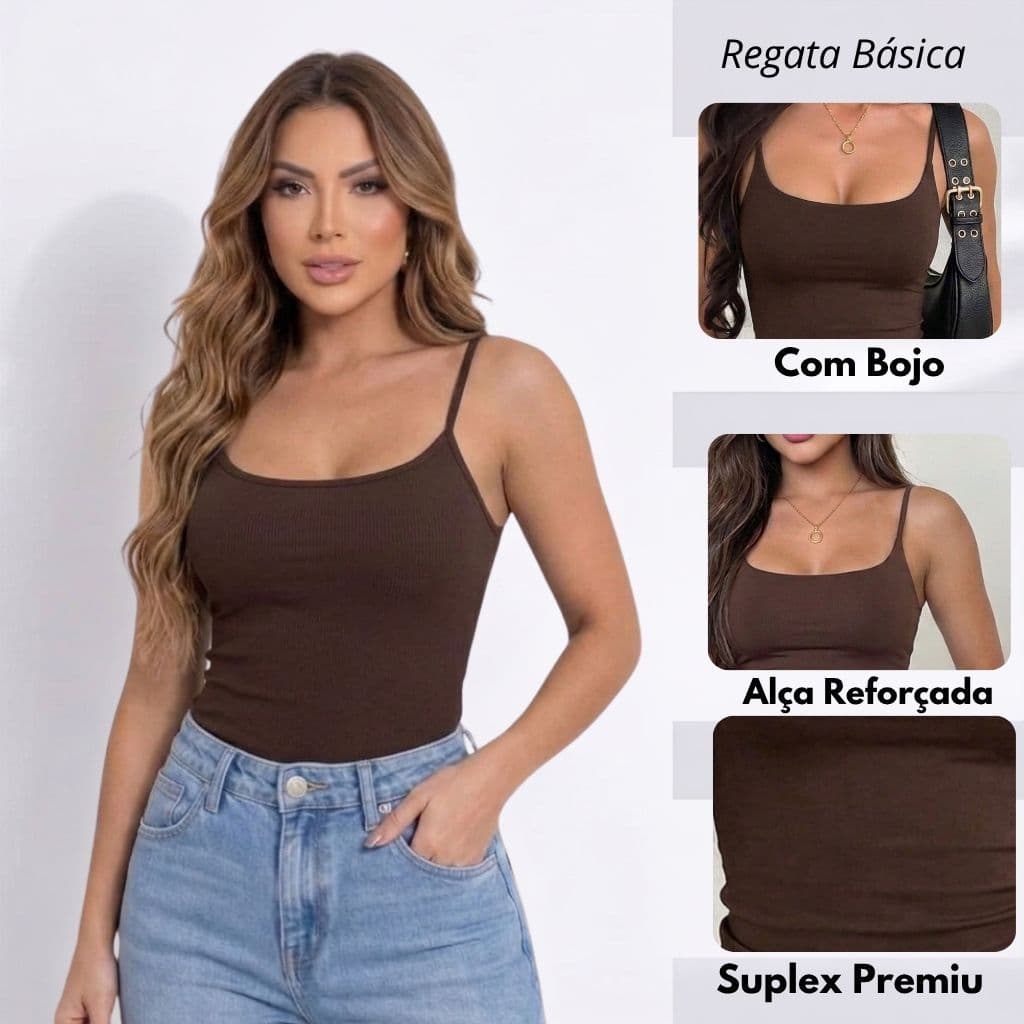 Blusa Regata Feminina Alça Fina Reforçada Com Bojo Removivel Suplex Premium Casual Fitness