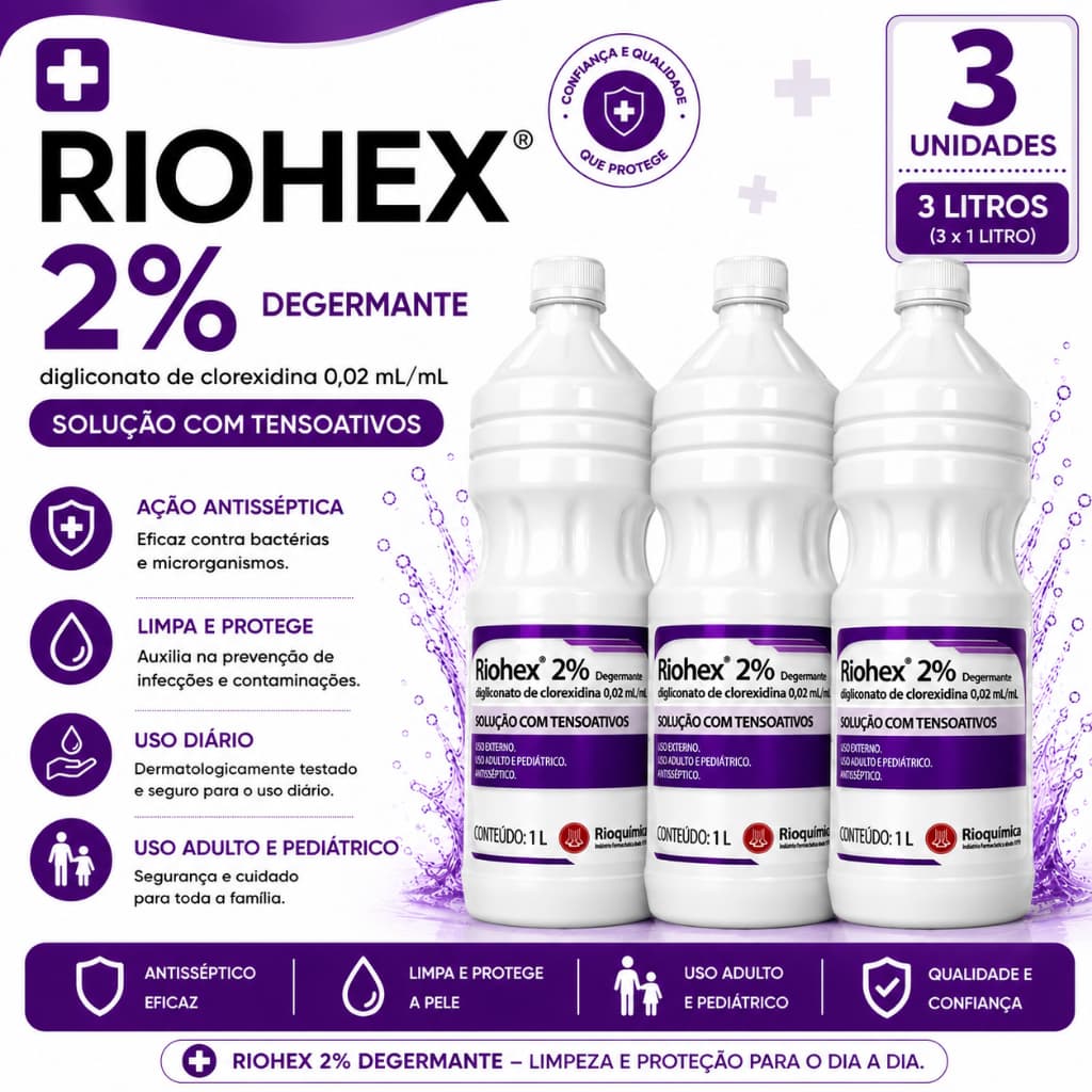 Kit c/ 3 Riohex Degermante 2% 1 Litro - Rioquimica