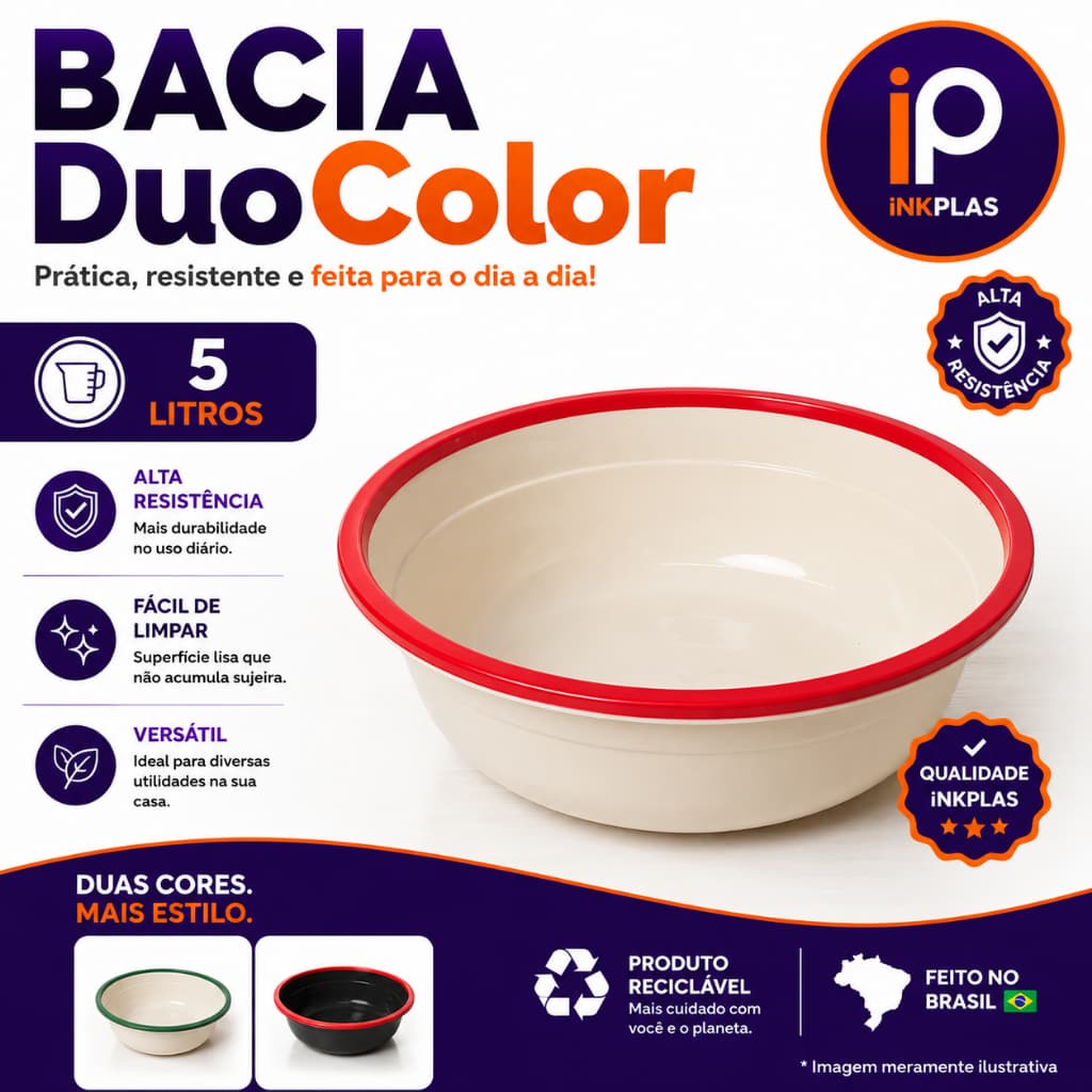 Bacia Plástica Duocolor 5 Litros Redonda Lavanderia Cozinha Duas Cores